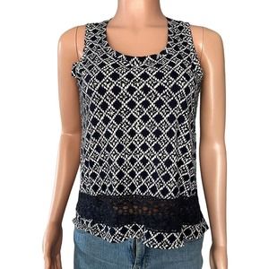 Ann Taylor Loft Shirt Womens Small Blue Print Sleeveless Scoop Neck Crochet Hem